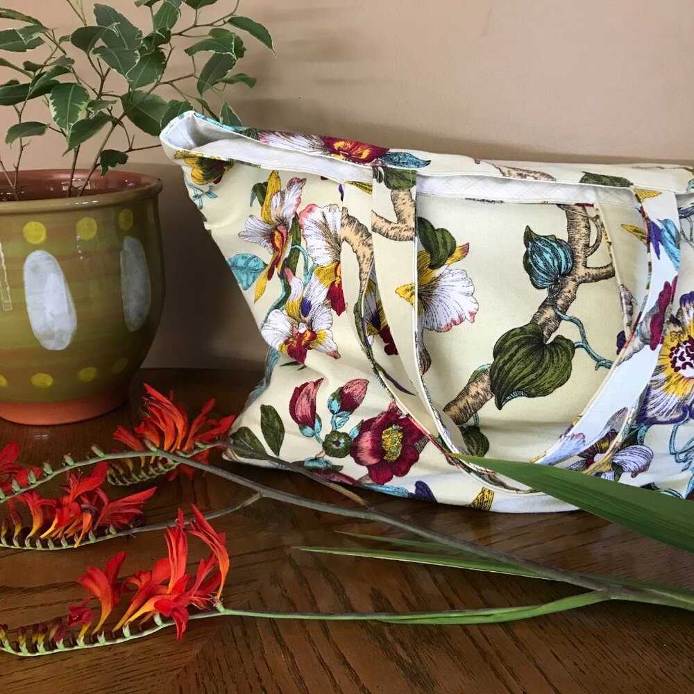 Handmade Women's Floral Bird Yellow Canvas Tote Bag with pocket, Large Unique